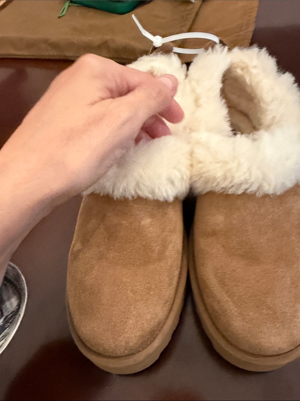 UGG Chestnut Shearling-Lined Slip-On Slippers in Chestnut and Cream